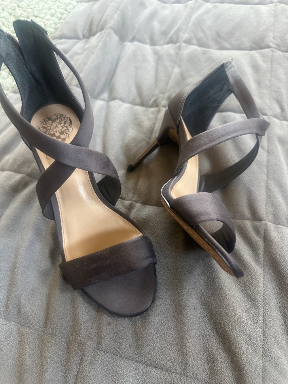Vince Camuto charcoal gray Satin Crisscross High Heel Sandals- worn once